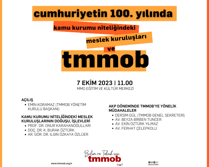 CUMHURİYETİN 100. YILINDA KAMU KURUMU NİTELİĞİNDEKİ MESLEK KURULUŞLARI VE TMMOB SEMPOZYUMU 7 EKİM 2023 TARİHİNDE GERÇEKLEŞTİRİLECEK