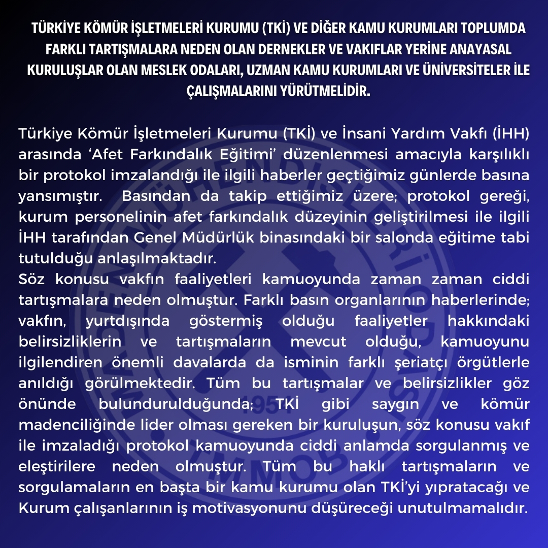 TÜRKİYE KÖMÜR İŞLETMELERİ KURUMU  VE DİĞER KAMU KURUMLARI DERNEKLER VE VAKIFLAR YERİNE MESLEK ODALARI, UZMAN KAMU KURUMLARI VE ÜNİVERSİTELER İLE ÇALIŞMALARINI YÜRÜTMELİDİR.