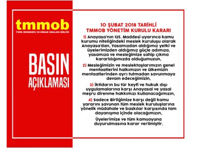 TMMOB 44. DÖNEM YÖNETİM KURULU 10 ŞUBAT 2018 TARİHLİ KARARI