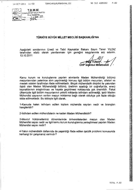 TBMM Başkanlığı`na Maden Mühendisleri istihdamı konusunda soru önergesi verildi.
